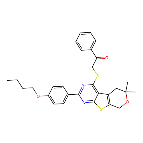2-((2-(4-butoxyphenyl)-6,6-dimethyl-6,8-dihydro-5H-pyrano[4',3':4,5]thieno[2,3-d]pyrimidin-4-yl)thio)-1-phenylethanone structure