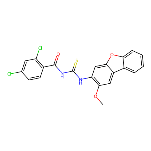 2,4-dichloro-N-((2-methoxydibenzo[b,d]furan-3-yl)carbamothioyl)benzamide structure