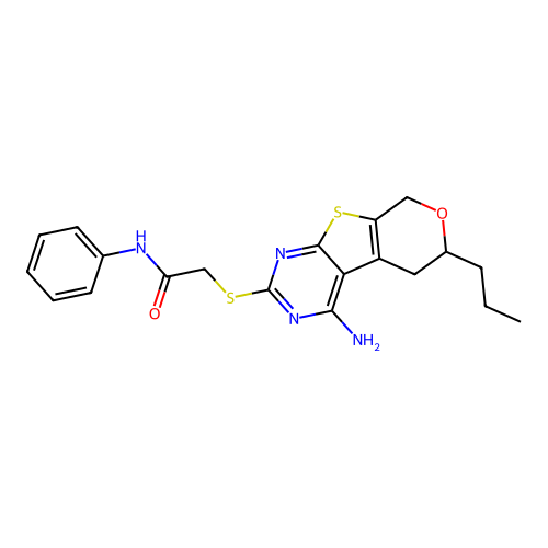 2-((4-amino-6-propyl-6,8-dihydro-5H-pyrano[4',3':4,5]thieno[2,3-d]pyrimidin-2-yl)thio)-N-phenylacetamide structure
