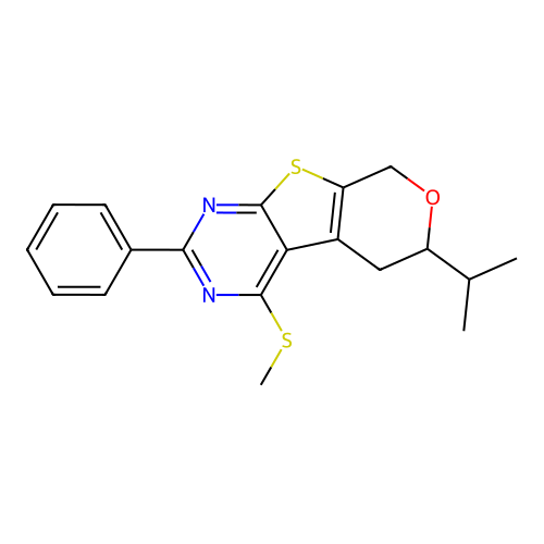 4-(methylsulfanyl)-2-phenyl-6-(propan-2-yl)-5,8-dihydro-6H-pyrano[4',3':4,5]thieno[2,3-d]pyrimidine structure