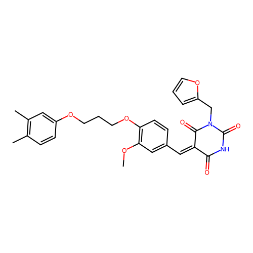 (5Z)-5-[[4-[3-(3,4-dimethylphenoxy)propoxy]-3-methoxyphenyl]methylidene]-1-(furan-2-ylmethyl)-1,3-diazinane-2,4,6-trione structure