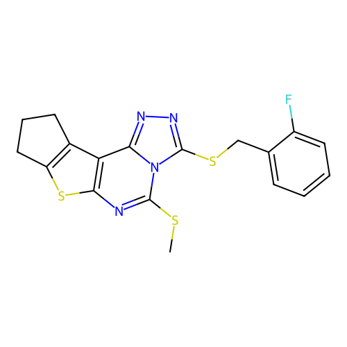 3-((2-fluorobenzyl)thio)-5-(methylthio)-9,10-dihydro-8H-cyclopenta[4,5]thieno[3,2-e][1,2,4]triazolo[4,3-c]pyrimidine structure