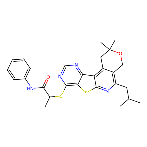 2-((5-isobutyl-2,2-dimethyl-2,4-dihydro-1H-pyrano[4'',3'':4',5']pyrido[3',2':4,5]thieno[3,2-d]pyrimidin-8-yl)thio)-N-phenylpropanamide structure