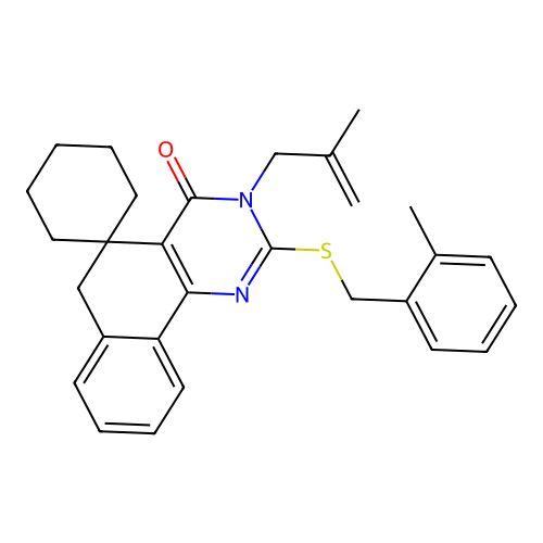 3-(2-methylallyl)-2-((2-methylbenzyl)thio)-3H-spiro[benzo[h]quinazoline-5,1'-cyclohexan]-4(6H)-one structure