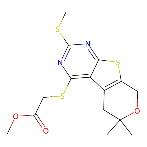 methyl {[6,6-dimethyl-2-(methylsulfanyl)-5,8-dihydro-6H-pyrano[4',3':4,5]thieno[2,3-d]pyrimidin-4-yl]sulfanyl}acetate structure