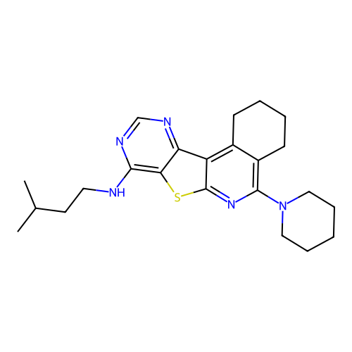 N-(3-methylbutyl)-5-(piperidin-1-yl)-1,2,3,4-tetrahydropyrimido[4',5':4,5]thieno[2,3-c]isoquinolin-8-amine structure