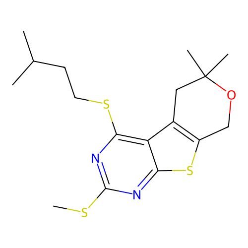 4-(isopentylthio)-6,6-dimethyl-2-(methylthio)-6,8-dihydro-5H-pyrano[4',3':4,5]thieno[2,3-d]pyrimidine structure