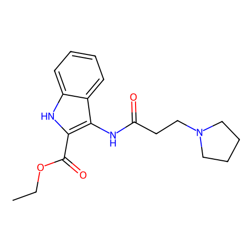 ethyl 3-{[3-(pyrrolidin-1-yl)propanoyl]amino}-1H-indole-2-carboxylate structure