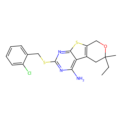 2-[(2-chlorobenzyl)sulfanyl]-6-ethyl-6-methyl-5,8-dihydro-6H-pyrano[4',3':4,5]thieno[2,3-d]pyrimidin-4-amine structure