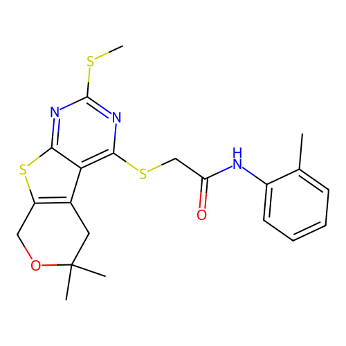 2-{[6,6-dimethyl-2-(methylsulfanyl)-5,8-dihydro-6H-pyrano[4',3':4,5]thieno[2,3-d]pyrimidin-4-yl]sulfanyl}-N-(2-methylphenyl)acetamide structure