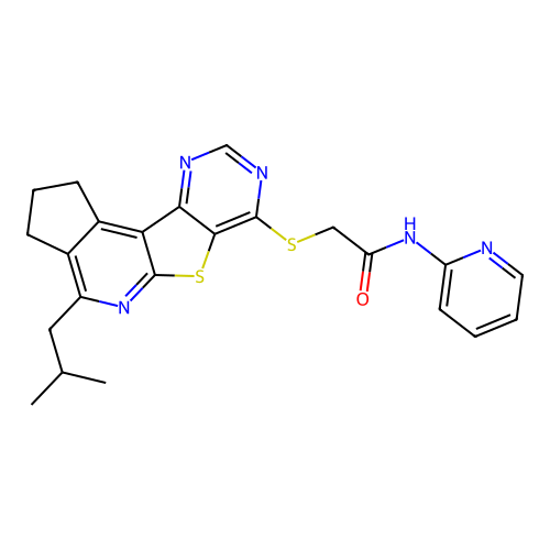 2-((4-isobutyl-2,3-dihydro-1H-cyclopenta[4',5']pyrido[3',2':4,5]thieno[3,2-d]pyrimidin-7-yl)thio)-N-(pyridin-2-yl)acetamide structure