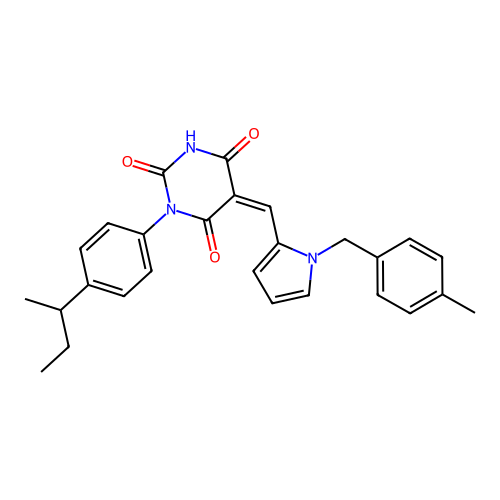 (Z)-1-(4-(sec-butyl)phenyl)-5-((1-(4-methylbenzyl)-1H-pyrrol-2-yl)methylene)pyrimidine-2,4,6(1H,3H,5H)-trione structure