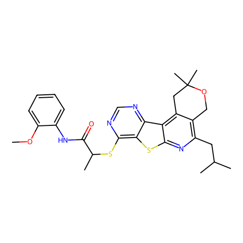 2-((5-isobutyl-2,2-dimethyl-2,4-dihydro-1H-pyrano[4'',3'':4',5']pyrido[3',2':4,5]thieno[3,2-d]pyrimidin-8-yl)thio)-N-(2-methoxyphenyl)propanamide structure