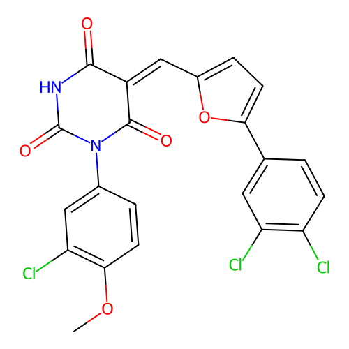 (5Z)-1-(3-chloro-4-methoxyphenyl)-5-[[5-(3,4-dichlorophenyl)furan-2-yl]methylidene]-1,3-diazinane-2,4,6-trione structure