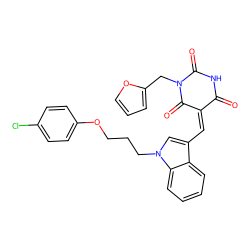 (5Z)-5-({1-[3-(4-chlorophenoxy)propyl]-1H-indol-3-yl}methylidene)-1-(furan-2-ylmethyl)pyrimidine-2,4,6(1H,3H,5H)-trione structure
