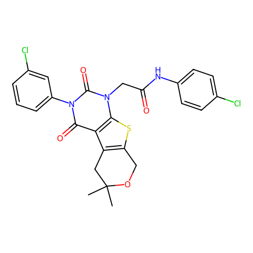 N-(4-chlorophenyl)-2-(3-(3-chlorophenyl)-6,6-dimethyl-2,4-dioxo-2,3,4,5,6,8-hexahydro-1H-pyrano[4',3':4,5]thieno[2,3-d]pyrimidin-1-yl)acetamide structure