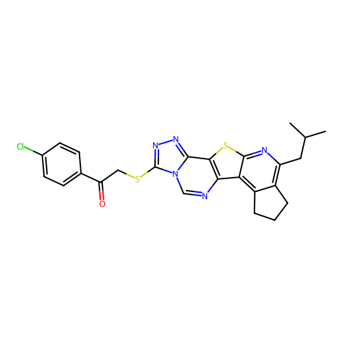 1-(4-chlorophenyl)-2-((10-isobutyl-8,9-dihydro-7H-cyclopenta[4',5']pyrido[3',2':4,5]thieno[2,3-e][1,2,4]triazolo[4,3-c]pyrimidin-3-yl)thio)ethanone structure