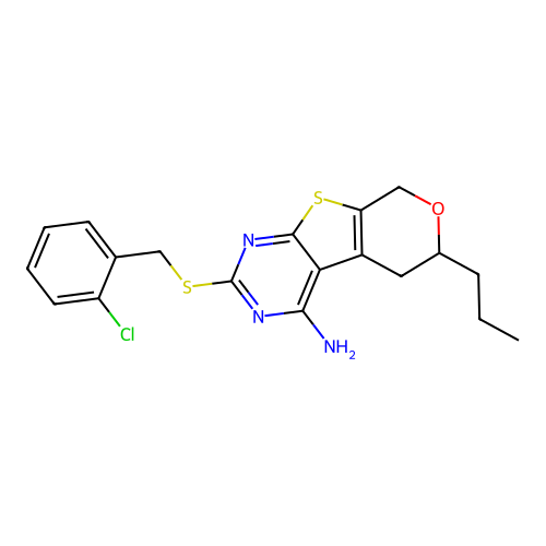 2-((2-chlorobenzyl)thio)-6-propyl-6,8-dihydro-5H-pyrano[4',3':4,5]thieno[2,3-d]pyrimidin-4-amine structure