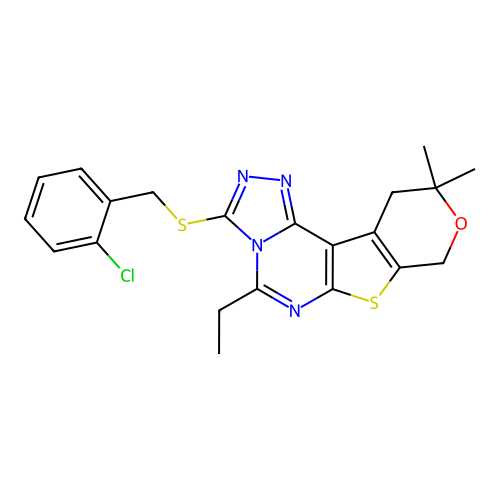 3-((2-chlorobenzyl)thio)-5-ethyl-10,10-dimethyl-10,11-dihydro-8H-pyrano[4',3':4,5]thieno[3,2-e][1,2,4]triazolo[4,3-c]pyrimidine structure