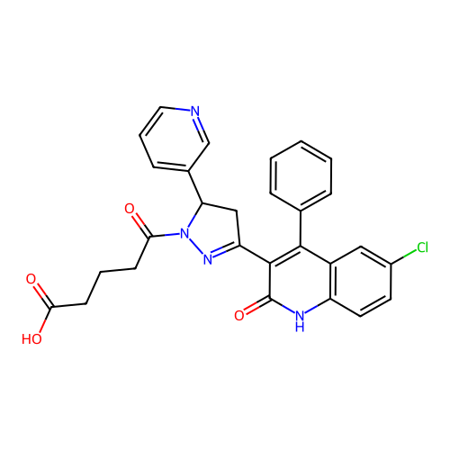 5-(3-(6-chloro-2-oxo-4-phenyl-1,2-dihydroquinolin-3-yl)-5-(pyridin-3-yl)-4,5-dihydro-1H-pyrazol-1-yl)-5-oxopentanoic acid structure