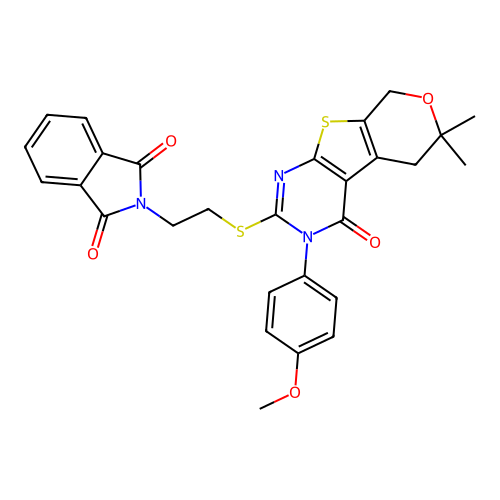 2-(2-((3-(4-methoxyphenyl)-6,6-dimethyl-4-oxo-4,5,6,8-tetrahydro-3H-pyrano[4',3':4,5]thieno[2,3-d]pyrimidin-2-yl)thio)ethyl)isoindoline-1,3-dione structure
