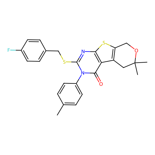 2-((4-fluorobenzyl)thio)-6,6-dimethyl-3-(p-tolyl)-5,6-dihydro-3H-pyrano[4',3':4,5]thieno[2,3-d]pyrimidin-4(8H)-one structure