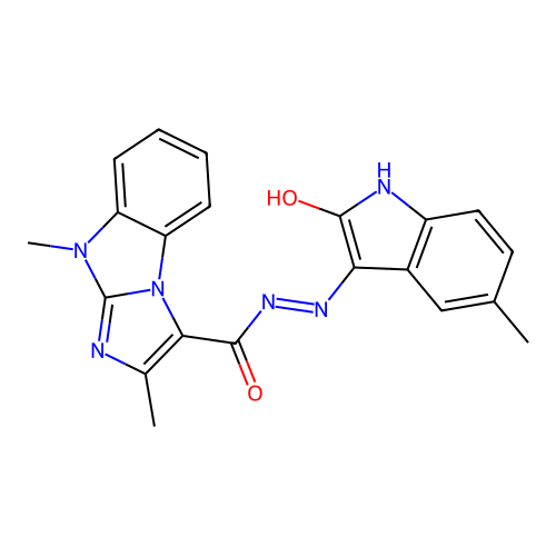 2,4-dimethyl-N'-(5-methyl-2-oxoindol-3-yl)imidazo[1,2-a]benzimidazole-1-carbohydrazide structure