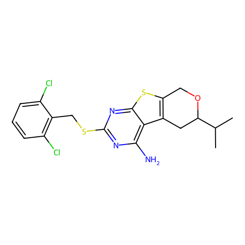 2-((2,6-dichlorobenzyl)thio)-6-isopropyl-6,8-dihydro-5H-pyrano[4',3':4,5]thieno[2,3-d]pyrimidin-4-amine structure