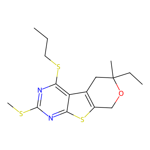 6-ethyl-6-methyl-2-(methylsulfanyl)-4-(propylsulfanyl)-5,8-dihydro-6H-pyrano[4',3':4,5]thieno[2,3-d]pyrimidine structure