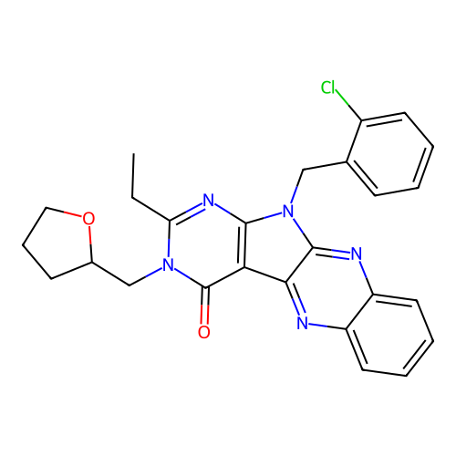 11-(2-chlorobenzyl)-2-ethyl-3-((tetrahydrofuran-2-yl)methyl)-3H-pyrimido[5',4':4,5]pyrrolo[2,3-b]quinoxalin-4(11H)-one structure