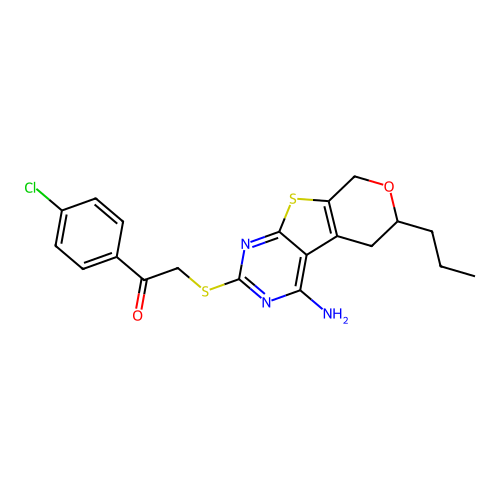 2-((4-amino-6-propyl-6,8-dihydro-5H-pyrano[4',3':4,5]thieno[2,3-d]pyrimidin-2-yl)thio)-1-(4-chlorophenyl)ethanone structure