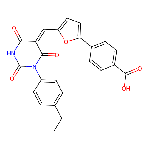 (Z)-4-(5-((1-(4-ethylphenyl)-2,4,6-trioxotetrahydropyrimidin-5(2H)-ylidene)methyl)furan-2-yl)benzoic acid structure