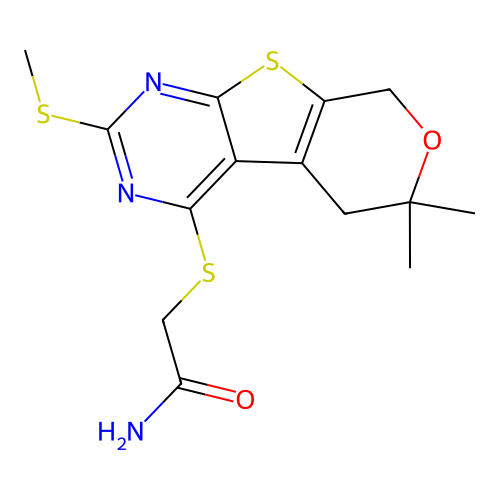 2-{[6,6-dimethyl-2-(methylsulfanyl)-5,8-dihydro-6H-pyrano[4',3':4,5]thieno[2,3-d]pyrimidin-4-yl]sulfanyl}acetamide structure
