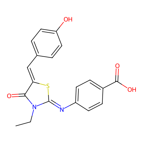4-((E)-((Z)-3-ethyl-5-(4-hydroxybenzylidene)-4-oxothiazolidin-2-ylidene)amino)benzoic acid structure