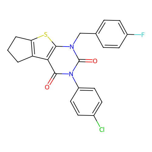 3-(4-chlorophenyl)-1-(4-fluorobenzyl)-1,5,6,7-tetrahydro-2H-cyclopenta[4,5]thieno[2,3-d]pyrimidine-2,4(3H)-dione structure