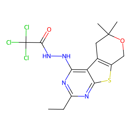 2,2,2-trichloro-N'-(2-ethyl-6,6-dimethyl-5,8-dihydro-6H-pyrano[4',3':4,5]thieno[2,3-d]pyrimidin-4-yl)acetohydrazide structure