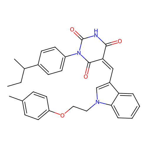 (5Z)-1-(4-butan-2-ylphenyl)-5-[[1-[2-(4-methylphenoxy)ethyl]indol-3-yl]methylidene]-1,3-diazinane-2,4,6-trione structure