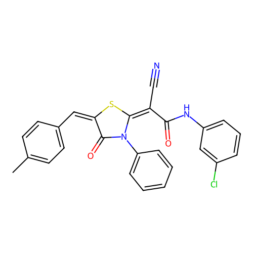 (2E)-N-(3-chlorophenyl)-2-cyano-2-[(5E)-5-(4-methylbenzylidene)-4-oxo-3-phenyl-1,3-thiazolidin-2-ylidene]ethanamide structure