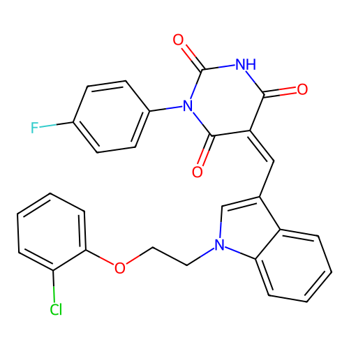 (5Z)-5-({1-[2-(2-chlorophenoxy)ethyl]-1H-indol-3-yl}methylidene)-1-(4-fluorophenyl)pyrimidine-2,4,6(1H,3H,5H)-trione structure
