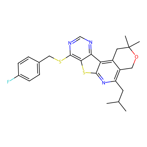 4-FLUOROBENZYL (5-ISOBUTYL-2,2-DIMETHYL-1,4-DIHYDRO-2H-PYRANO[4'',3'':4',5']PYRIDO[3',2':4,5]THIENO[3,2-D]PYRIMIDIN-8-YL) SULFIDE structure