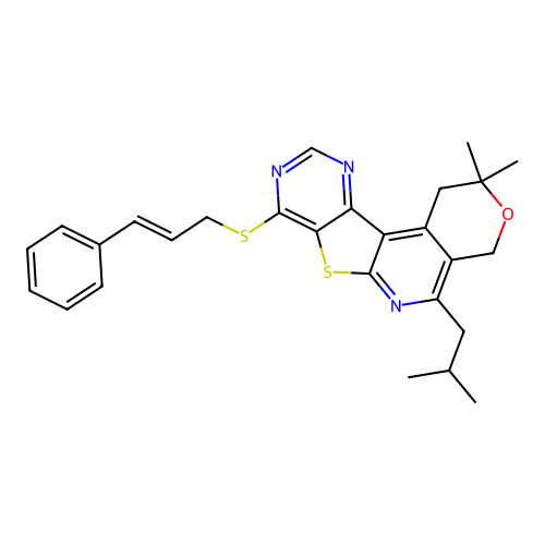 2,2-dimethyl-5-(2-methylpropyl)-8-{[(2E)-3-phenylprop-2-en-1-yl]sulfanyl}-1,4-dihydro-2H-pyrano[4'',3'':4',5']pyrido[3',2':4,5]thieno[3,2-d]pyrimidine structure