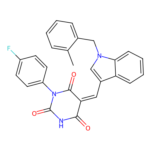 (Z)-1-(4-fluorophenyl)-5-((1-(2-methylbenzyl)-1H-indol-3-yl)methylene)pyrimidine-2,4,6(1H,3H,5H)-trione structure