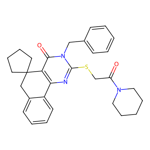 3-benzyl-2-((2-oxo-2-(piperidin-1-yl)ethyl)thio)-3H-spiro[benzo[h]quinazoline-5,1'-cyclopentan]-4(6H)-one structure