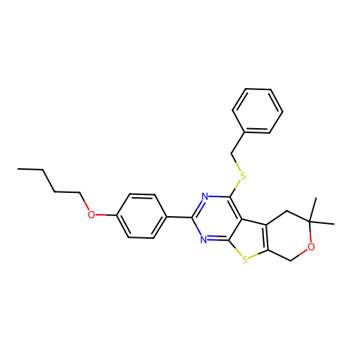 4-(benzylsulfanyl)-2-(4-butoxyphenyl)-6,6-dimethyl-5,8-dihydro-6H-pyrano[4',3':4,5]thieno[2,3-d]pyrimidine structure