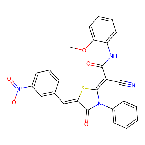 (Z)-2-cyano-N-(2-methoxyphenyl)-2-((Z)-5-(3-nitrobenzylidene)-4-oxo-3-phenylthiazolidin-2-ylidene)acetamide structure