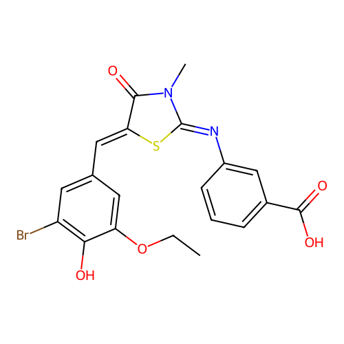 3-((E)-((Z)-5-(3-bromo-5-ethoxy-4-hydroxybenzylidene)-3-methyl-4-oxothiazolidin-2-ylidene)amino)benzoic acid structure