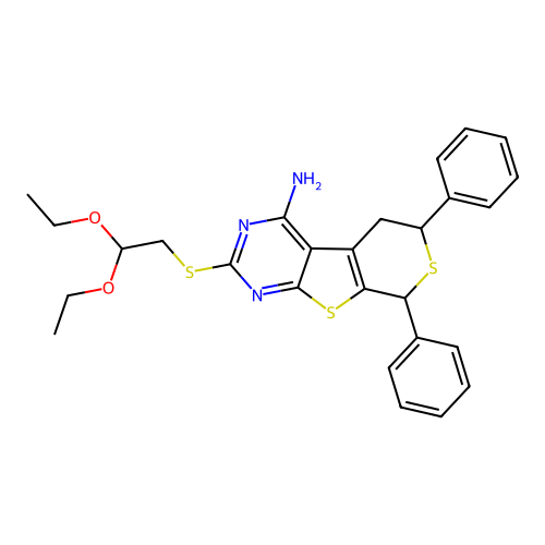2-((2,2-diethoxyethyl)thio)-6,8-diphenyl-6,8-dihydro-5H-thiopyrano[4',3':4,5]thieno[2,3-d]pyrimidin-4-amine structure