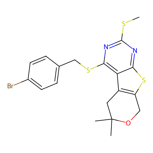 4-[(4-bromobenzyl)sulfanyl]-6,6-dimethyl-2-(methylsulfanyl)-5,8-dihydro-6H-pyrano[4',3':4,5]thieno[2,3-d]pyrimidine structure