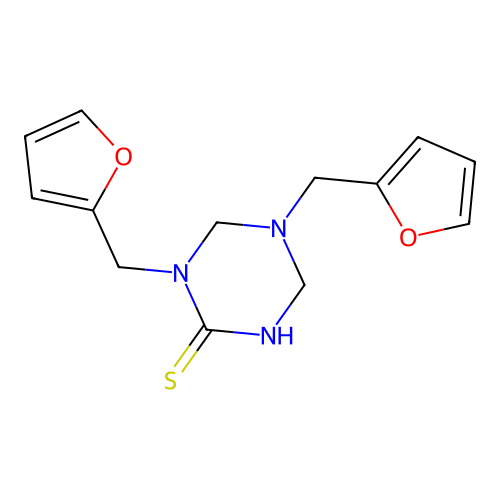 1,5-Bis(furan-2-ylmethyl)-1,3,5-triazinane-2-thione structure