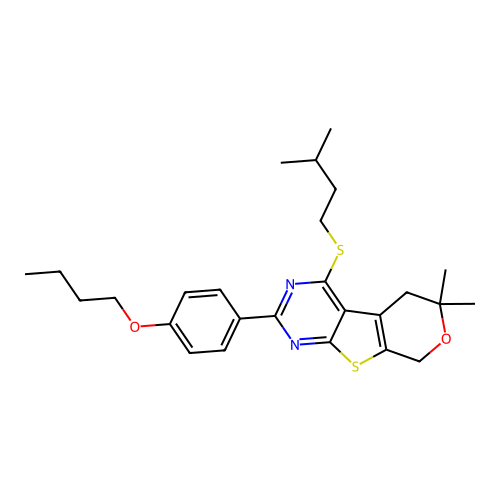 2-(4-butoxyphenyl)-4-(isopentylthio)-6,6-dimethyl-6,8-dihydro-5H-pyrano[4',3':4,5]thieno[2,3-d]pyrimidine structure
